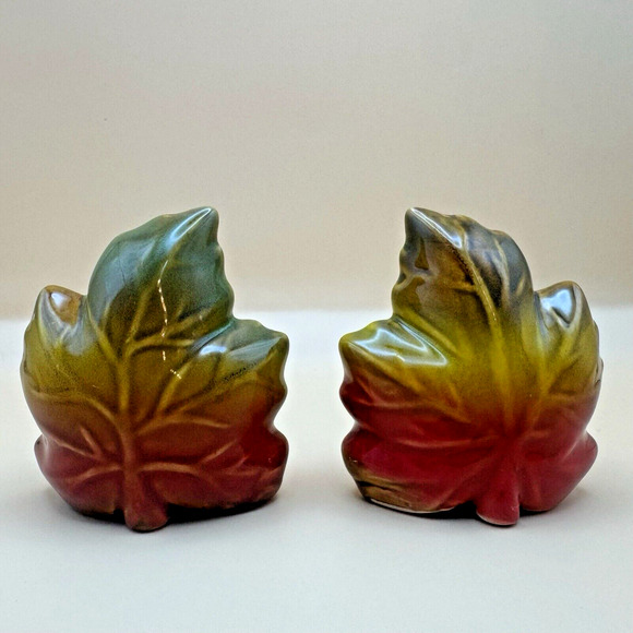 Porcelain Maple Leaf Salt and Pepper Shakers Large Painted Glazed - Picture 2 of 5